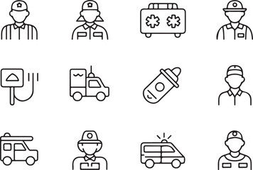 First responder of emergency services line art icon set. Flat black color editable line vector illustration