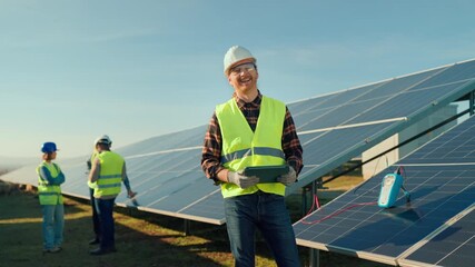 Team performs solar panel installation and inspection at renewable energy site in sunny location - Powered by Adobe