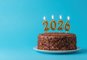Chocolate cake with year candles on top against a blue color background