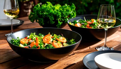Ein exotischer Sommersalat mit shrimps, serviert in einer schwarzen Schale.