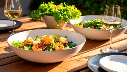Ein exotischer Sommersalat mit shrimps, serviert in einer weißen Schale.