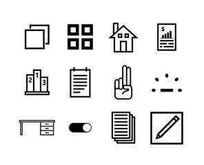 Minimalist line icon set for UI and business: includes dashboard elements, grid & layers, home, checklist, podium, clipboard, toggle, pencil and stack symbols, ideal for web apps, and admin panels