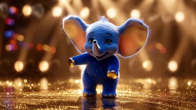Baby Elephant Cartoon Dancing on Shiny Stage Lights