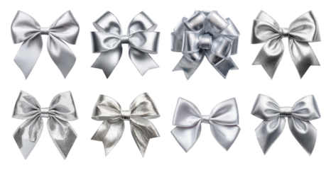 PNG Elegant silver decorative bows collection, element set on transparent background