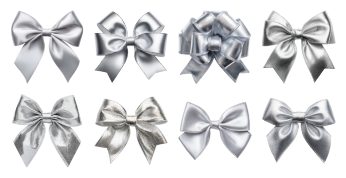 PNG Elegant silver decorative bows collection, element set on transparent background