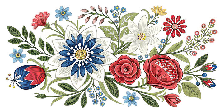 Floral arrangement with colorful blooms and lush green leaves on white backdrop in folk art style perfect for spring designs and ornamental patterns decor