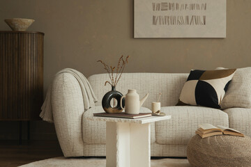 Minimal living room with curved sofa, wooden cabinet and soft neutral palette in natural light.