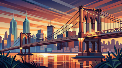 Naklejka premium Very beautiful close-up scene of the Brooklyn Bridge at dusk, featuring warm evening light, detailed suspension cables, gentle reflections over the river, and the New York City skyline softly glowing 