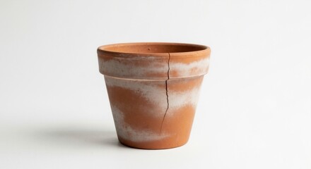 A cracked terracotta flower pot isolated on a white background. Damaged and empty clay planter representing fragility and imperfection