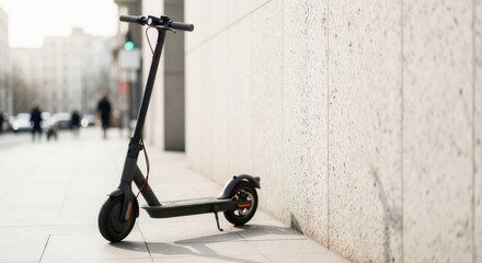 A modern black electric scooter parked on a city sidewalk. Eco-friendly urban transportation concept with copy space on a wall