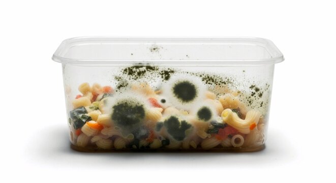 Moldy leftover pasta in a transparent plastic container. Spoiled and rotten food with green fungus growing. Food waste and decay concept isolated on white background