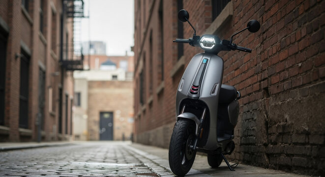 Modern electric scooter parked in a city alleyway. Sustainable urban mobility and eco-friendly transportation - Powered by Adobe