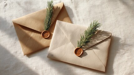 Crafted envelopes with wax seals and pine sprigs glowing in morning sunlight for a cozy holiday vibe
