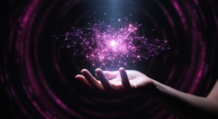 Hand holding a glowing network with technology, connection, and and data concept.