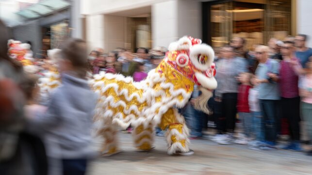 Lion dance performers showcase their skill in vibrant performance with a lively crowd cheering on Chinese new year