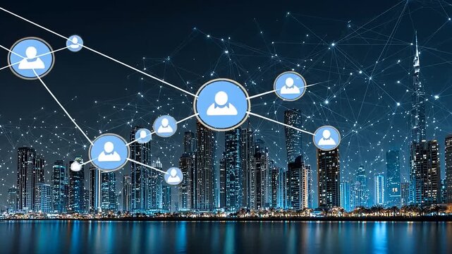 Digital network connecting people over a city skyline at night with illuminated skyscrapers in background