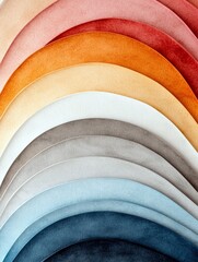 A close-up, abstract view of overlapping curved paper samples, displaying a gradient of colors from warm reds and oranges to cool blues and grays.