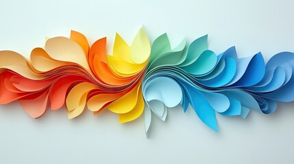 A flowing wave of folded paper in a gradient of colors from orange to blue on a white background.