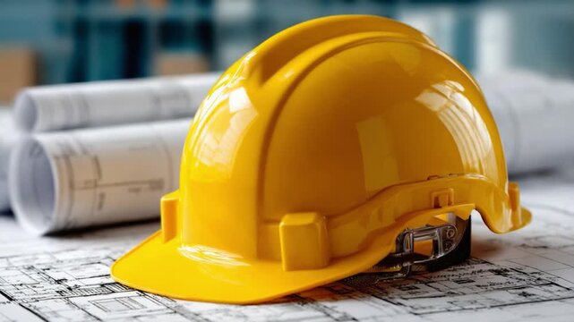 Construction Blueprint and Safety: A close-up view of a yellow safety helmet, symbolizing protection, rests on a table alongside architectural blueprints. Capturing the essence of construction.