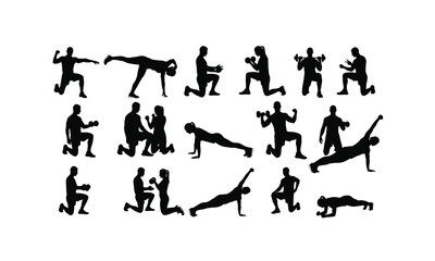 Diverse collection of fitness trainer and client poses showcasing various exercises and interactions isolated on white background silhouette