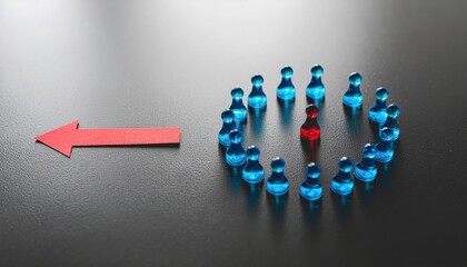 Leadership Concept: Red Arrow Pointing to the Circle of Blue Pawns, One Red Pawn Inside