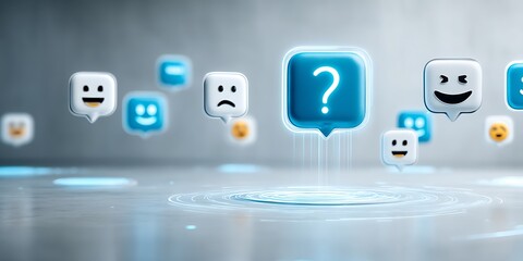 Colorful chat bubbles floating with emoticons and question marks illustrating communication and interaction