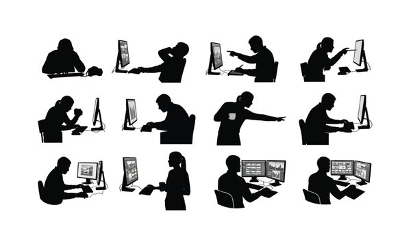 A diverse collection of silhouette poses of a photographer editing photos on a computer isolated on white background