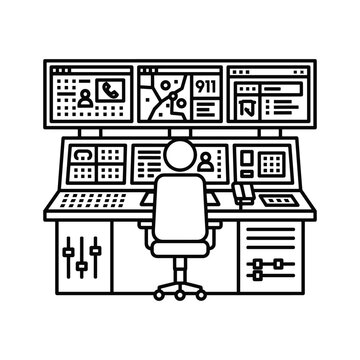 Operator at a multiscreen control desk with keyboards and audio mixers in a command center