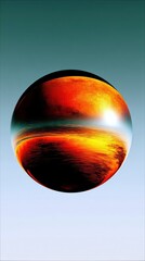 A spherical object with a fiery sunset reflection appears to float against a gradient sky, evoking a sense of wonder and abstract beauty.