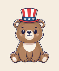 Cartoon bear wearing patriotic hat with stars and stripes for national holidays and celebrations illustration