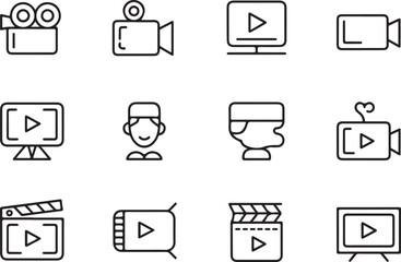 Storyboard of media camera video production line art icon set. Flat black color editable line vector illustration