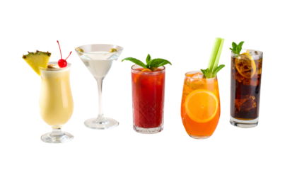 Lineup of Assorted Cocktail Drinks on Transparent Background
