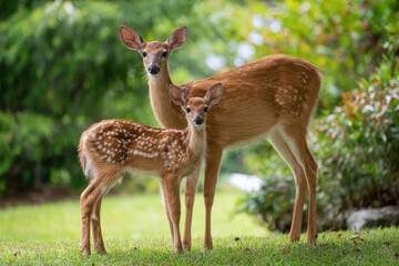 Fototapeta premium Two deer, mother and fawn, stand in a grassy yard, surrounded by greenery