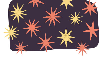 Whimsical Hand-Drawn Star Pattern on Dark Purple Background with Glowing Yellow and Orange Shapes Creating a Festive and Dreamy Abstract Design, Perfect for Celebratory Themes and Creative Projects