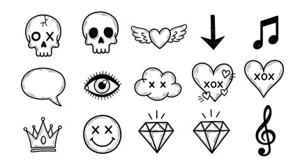 Set of quirky hand-drawn doodle vector icons featuring skulls, hearts, music notes, diamonds, and crowns, perfect for various creative graphic design projects and digital art