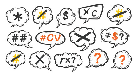 Hand-drawn speech bubbles with communication symbols, question marks, and error indicators, depicting modern digital dialogue, abstract concepts, and diverse thought processes
