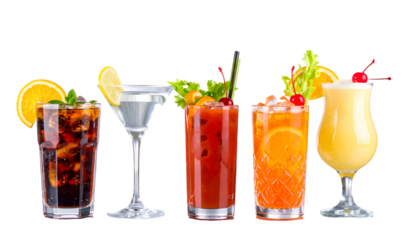 Row of colorful cocktail drinks on a transparent background