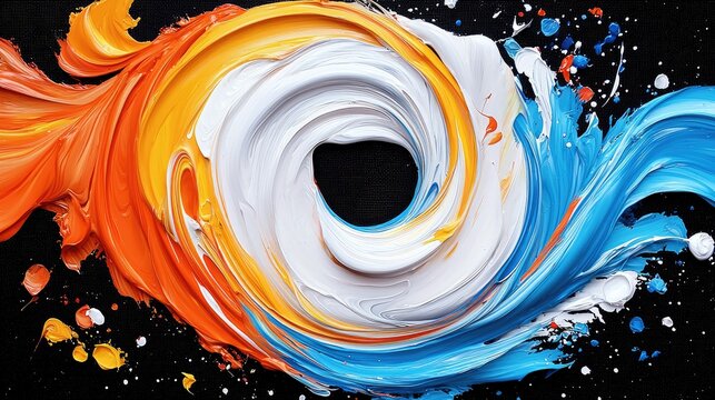 Thick, textured paint strokes in orange, white, and blue swirl together against a stark black background, creating a dynamic and abstract composition.