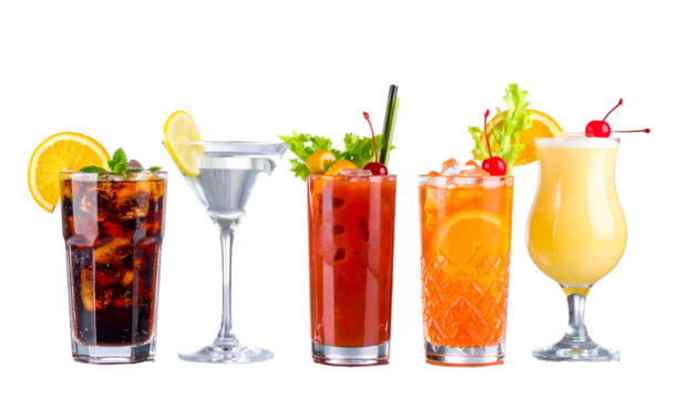 Row of colorful cocktail drinks on a transparent background