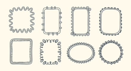 Collection of diverse hand-drawn decorative frames and borders, featuring unique wavy, dotted, and scalloped designs perfect for vintage photo embellishments or creative design projects