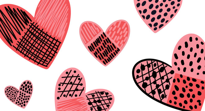 Charming Hand-Drawn Pattern of Textured Pink and Black Hearts for Romantic Greetings and Affectionate Design Backgrounds and Celebrations