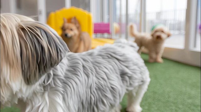 Playful dogs romping inside colorful, contemporary canine daycare, sharing energetic interaction and social bonding video 4k
