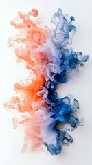 Abstract swirling clouds of orange and blue ink dispersing in water against a white background, creating a dynamic and fluid visual effect.