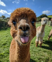 Obraz premium Close-up of an alpaca with a silly expression, tongue out