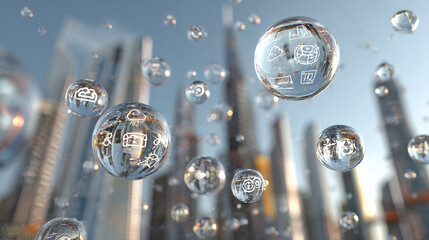 A futuristic cityscape reflected in multiple transparent water droplets, depicting a world of technology and innovation