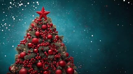 A Christmas tree decorated with red ornaments against a dark blue background with snow falling for Christmas card concept