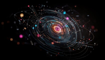 A complex, abstract digital network with glowing particles and concentric rings, suggesting data flow and interconnectedness.