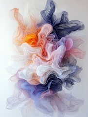 A dynamic abstract composition of flowing, translucent fabric in shades of orange, pink, purple, and blue, creating a sense of movement and depth.