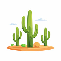 Illustration of three saguaro cacti in a desert landscape with small clouds.