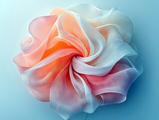 A close-up abstract view of flowing, translucent fabric in shades of pink, orange, and white, swirling in a circular pattern against a soft blue background.